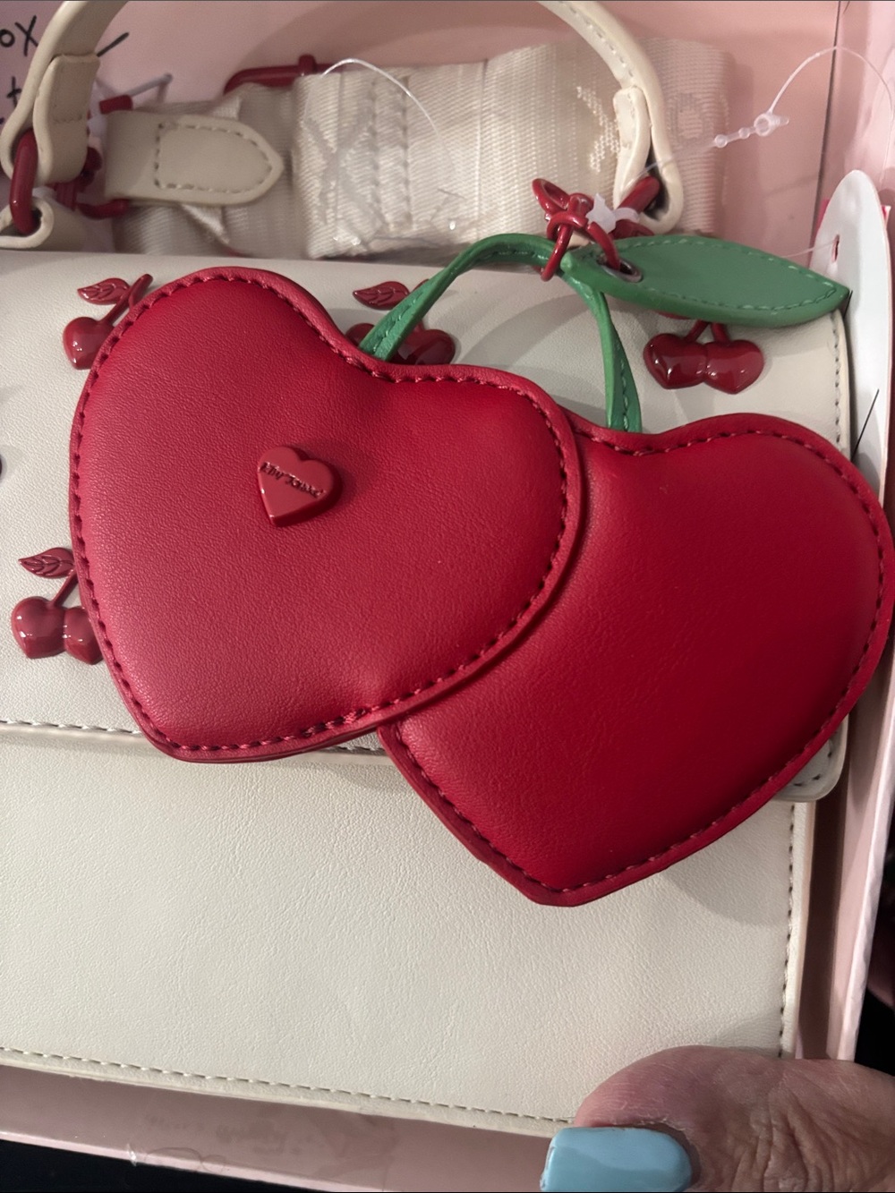 Betsey Johnson Cream Satchel with Red Cherry Studs and Red Heart Charm - Picture 3 of 4